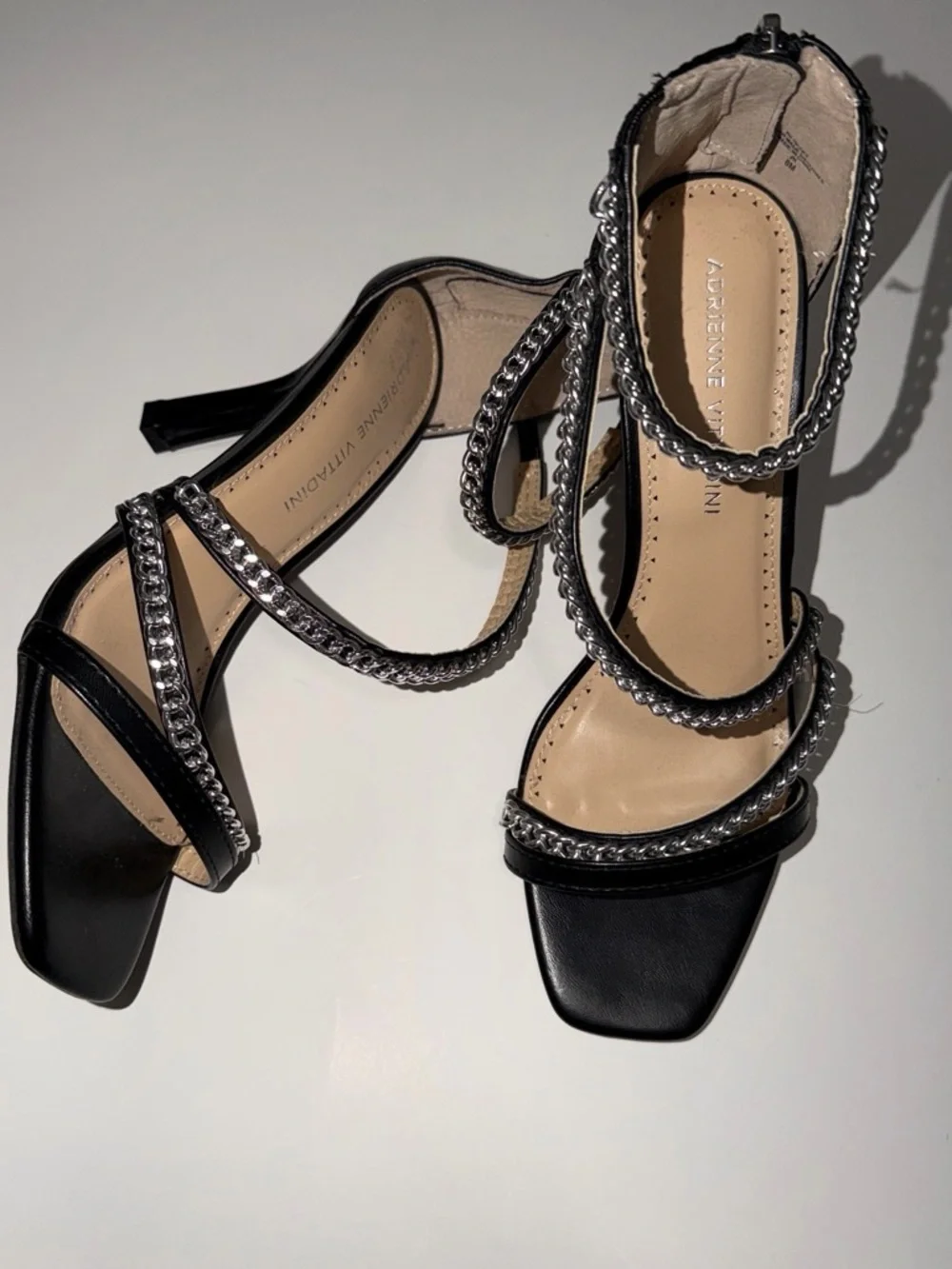Adrienne Vittadini Black Chain-Trim Strappy Heels